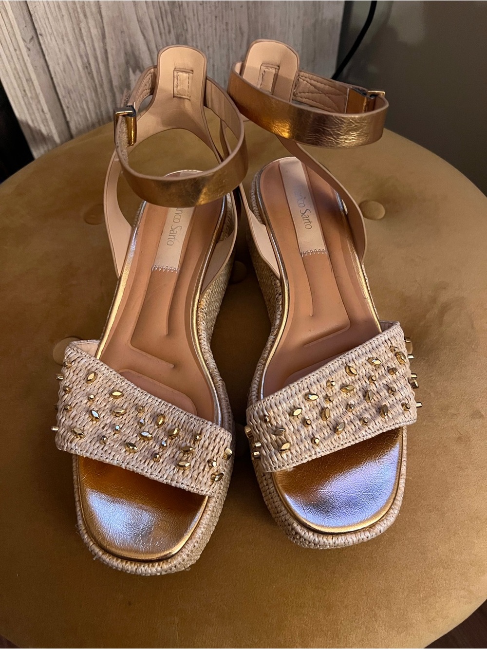 Franco Sarto Metallic Gold and Natural Studded Espadrille Sandals